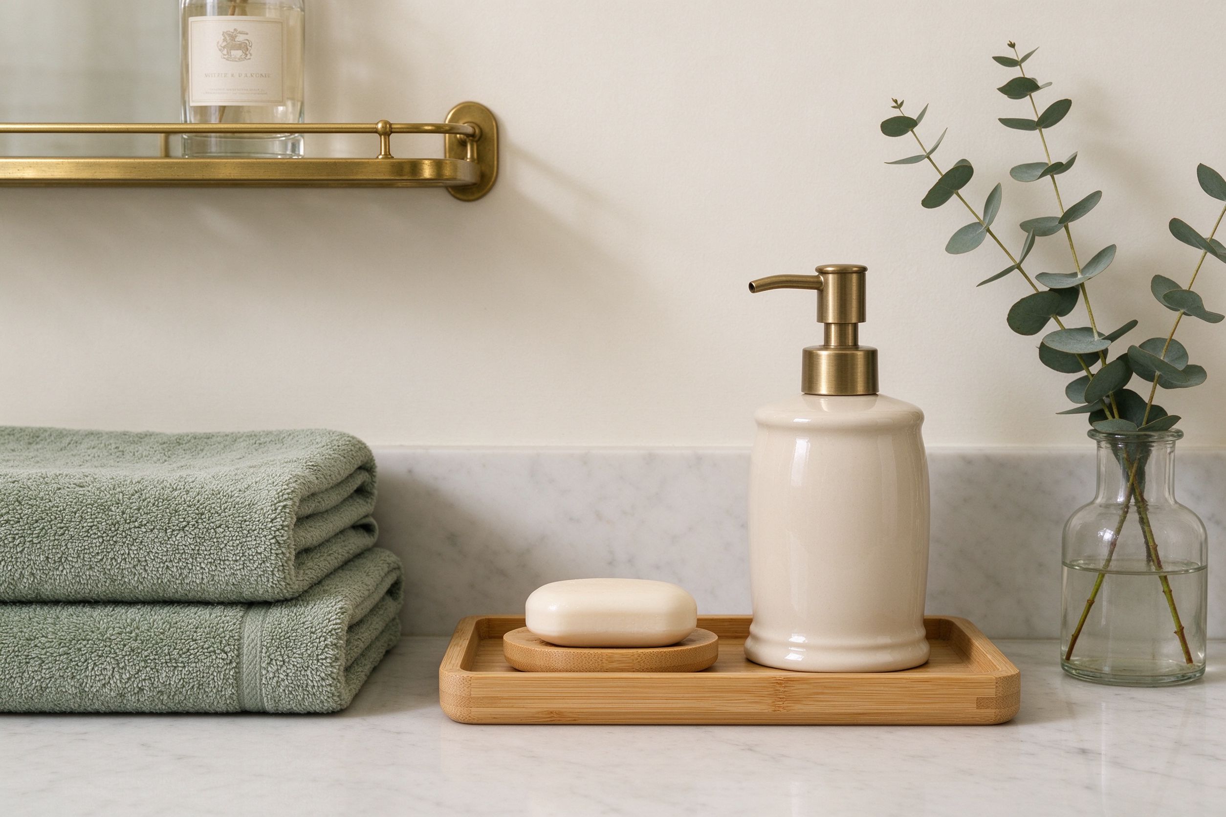 Serene British heritage bathroom with ceramic dispensers, bamboo tray and sage towels