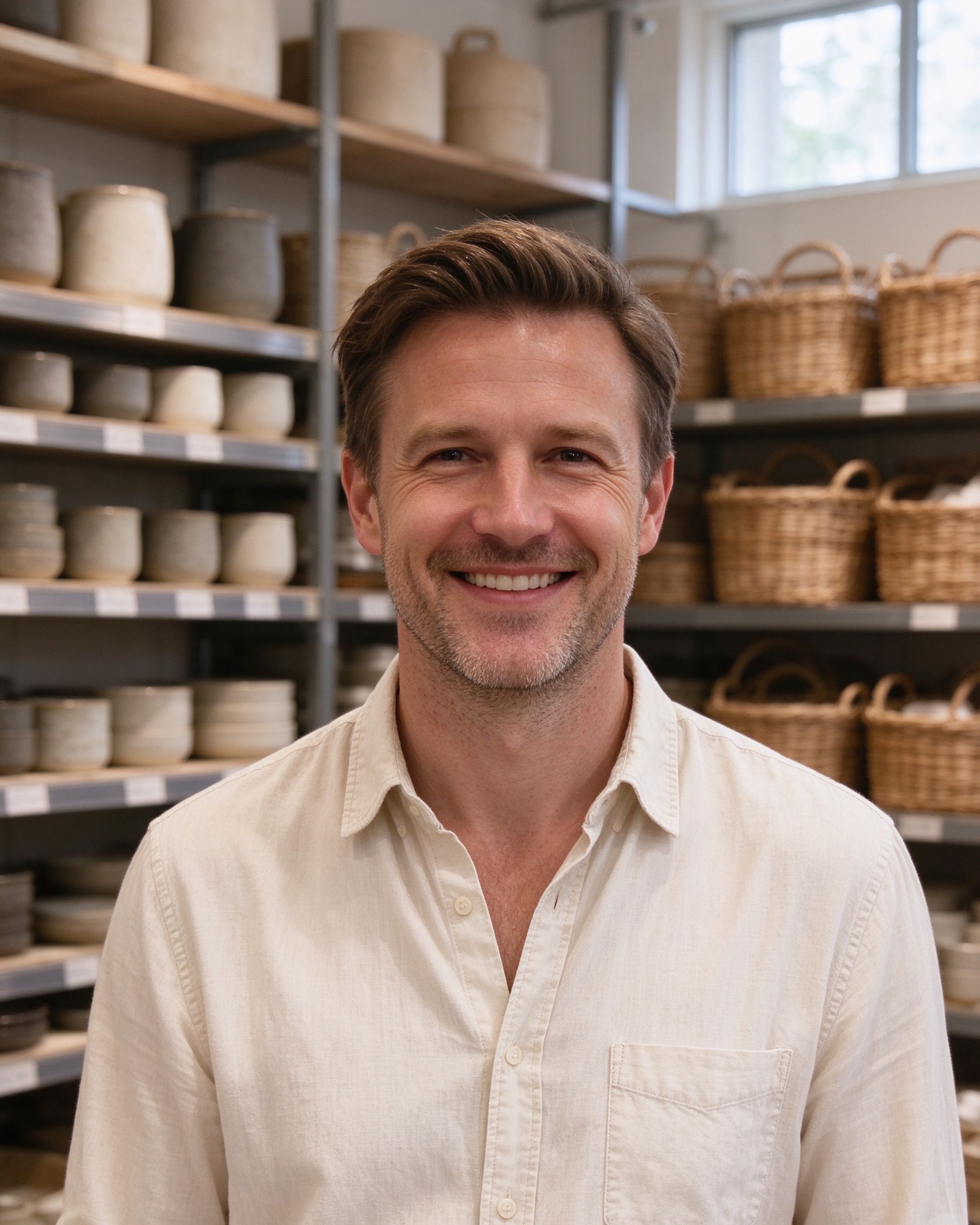 James Whitfield, founder of JISONUE, standing in the warehouse