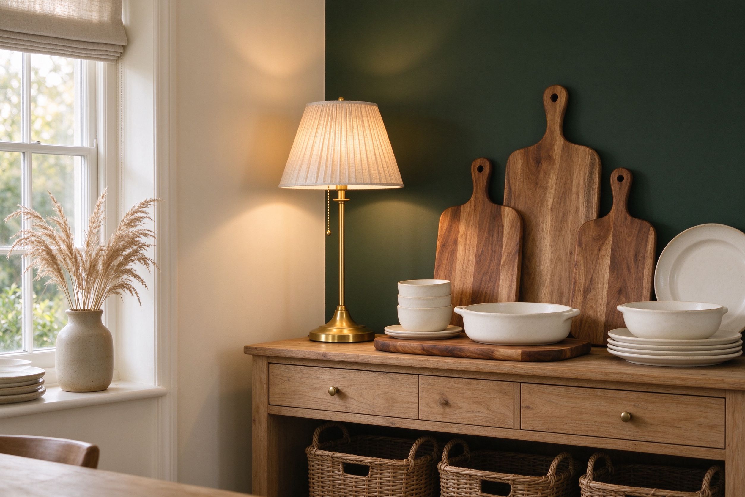 A British heritage styled living-dining room with brass lamp, stoneware and rattan baskets