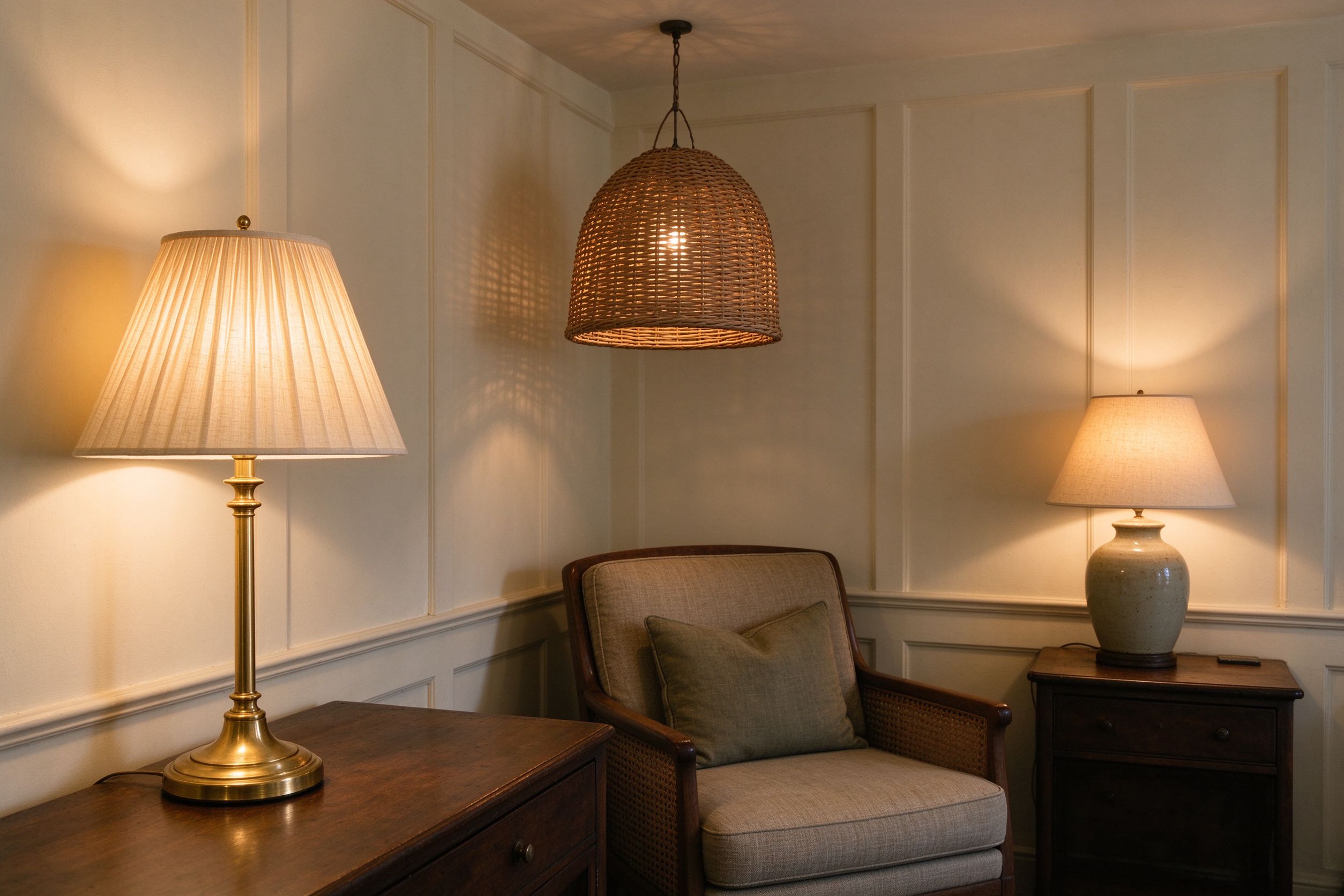 British heritage reading corner with brass lamp, rattan pendant and ceramic bedside lamp