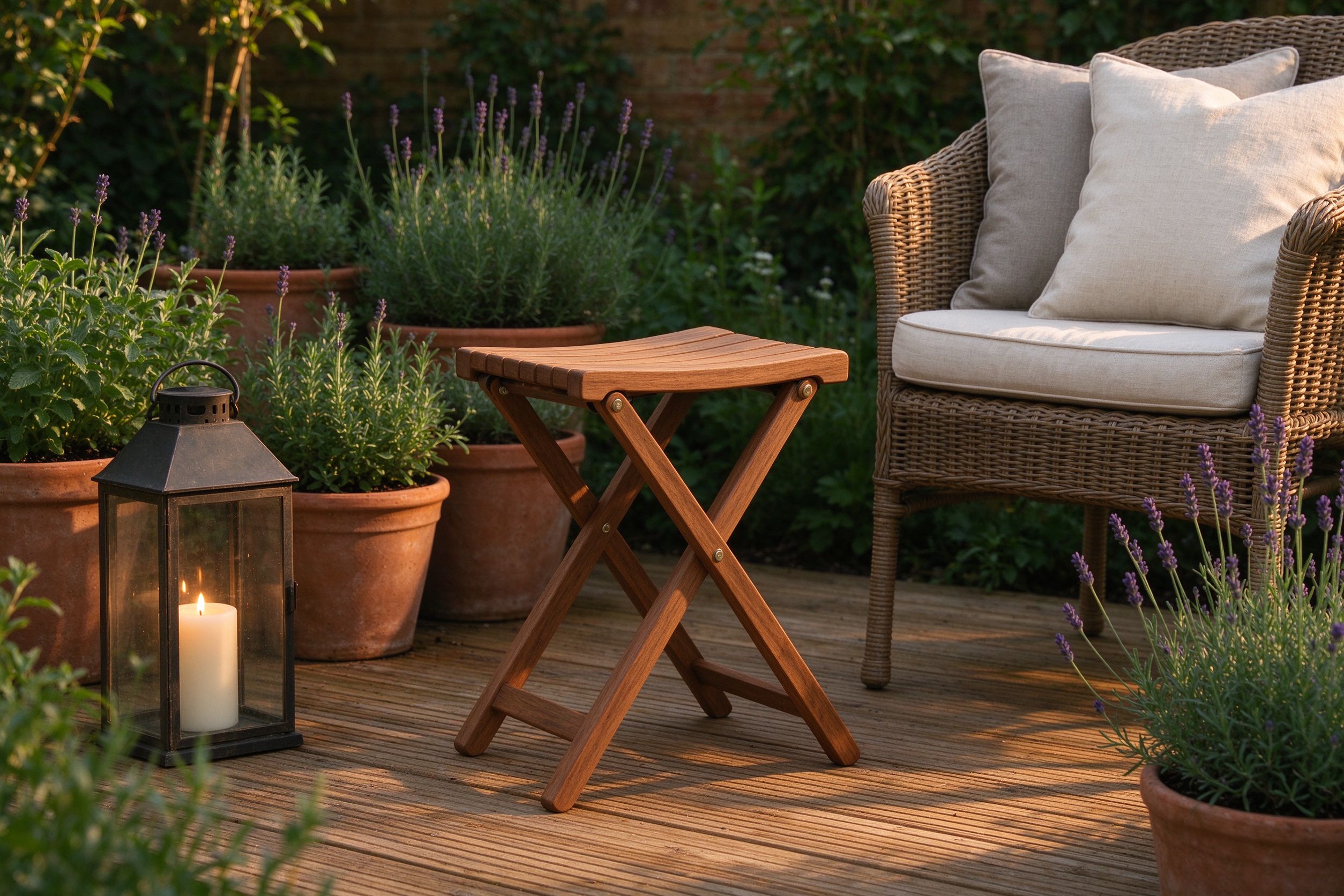 British heritage garden patio with folding stool, rattan chair and candle lantern
