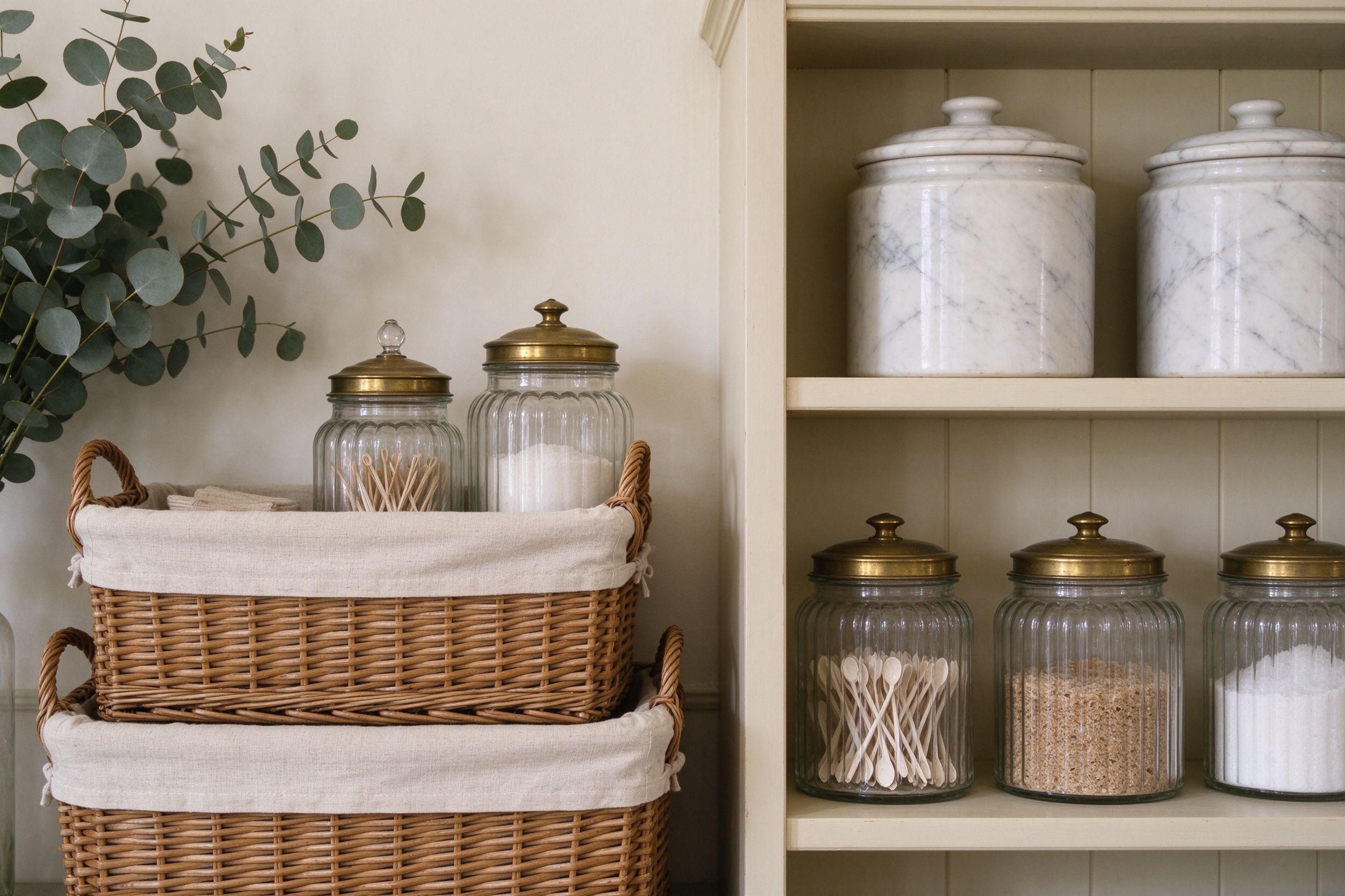 British heritage storage corner with rattan baskets, apothecary jars and marble canisters