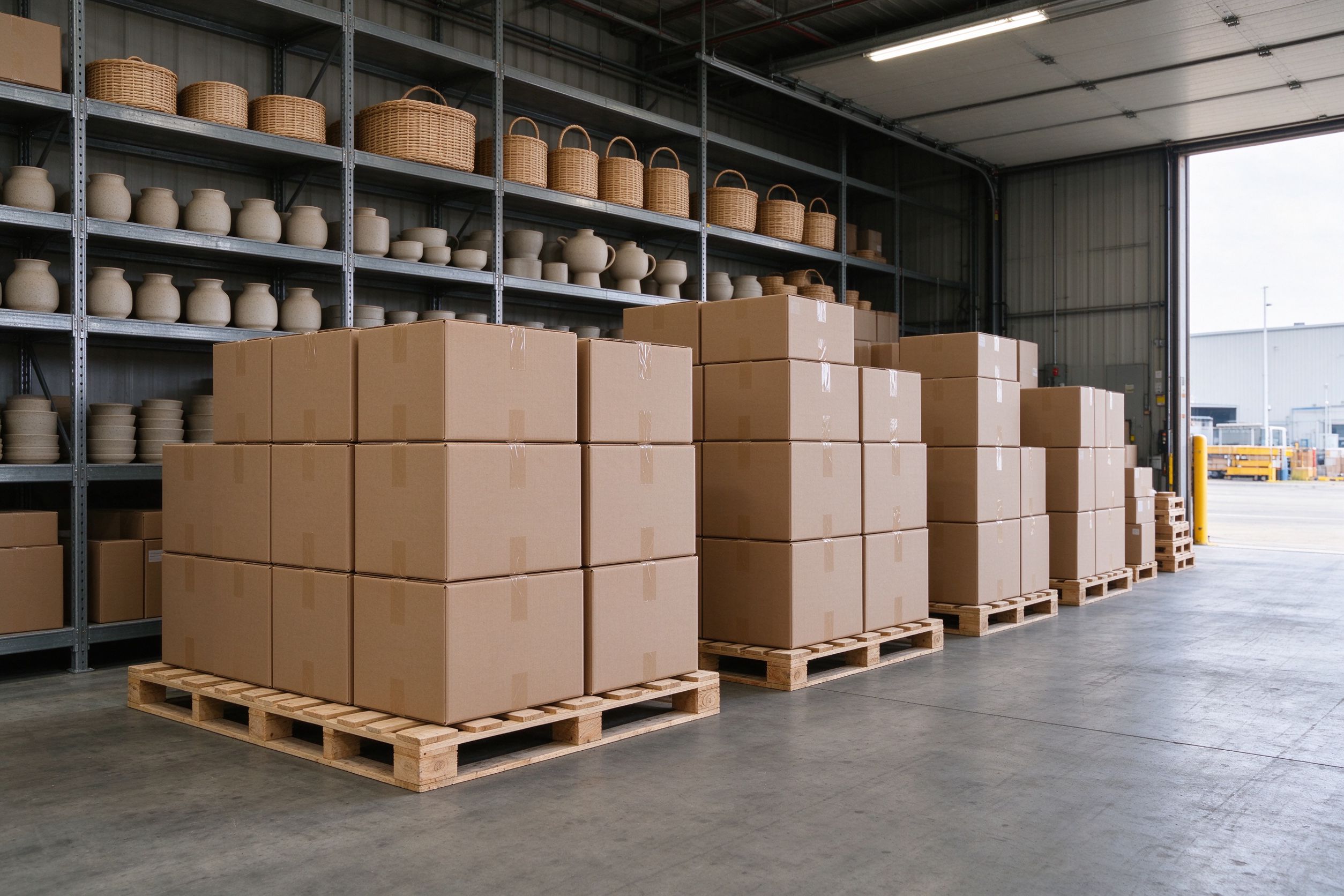 Tidy JISONUE warehouse dock with stacked cartons and ceramic goods on shelves